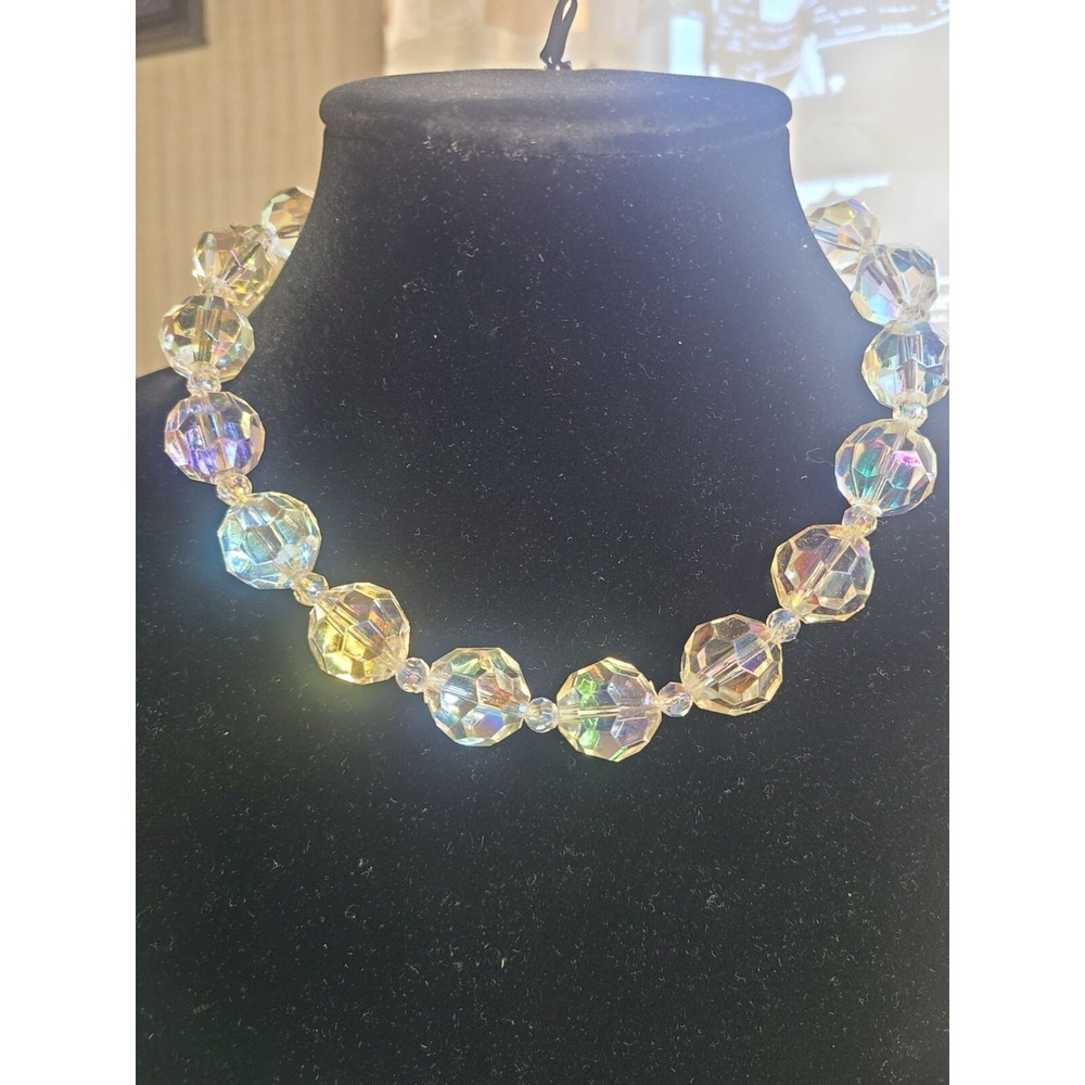 Vintage Aurora Borealis Acrylic Bead Necklace Adjustable Length 15" To 18" Refle